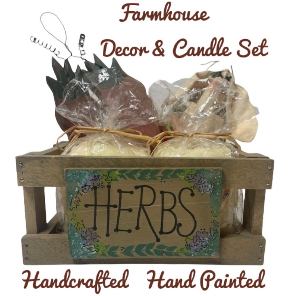 Farmhouse Home Decorating Set Hand Crafted Painted Floral Wood Box Candle Bundle